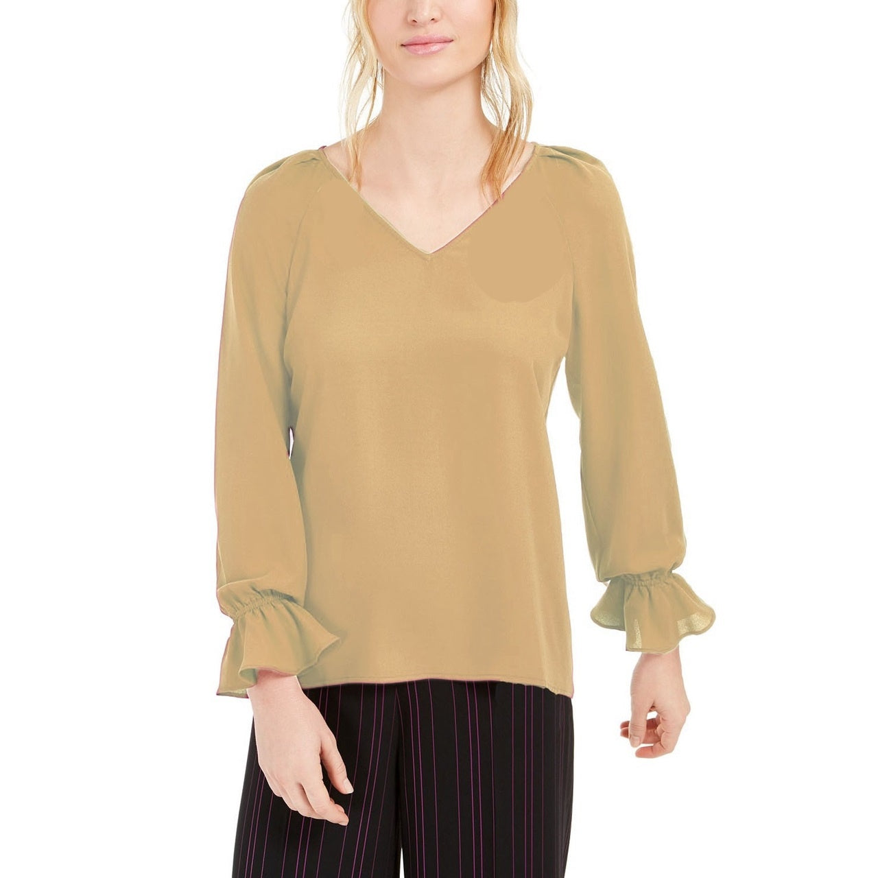 Blusa plissada feminina Bar III com manga sino, amarela, tamanho XX-S