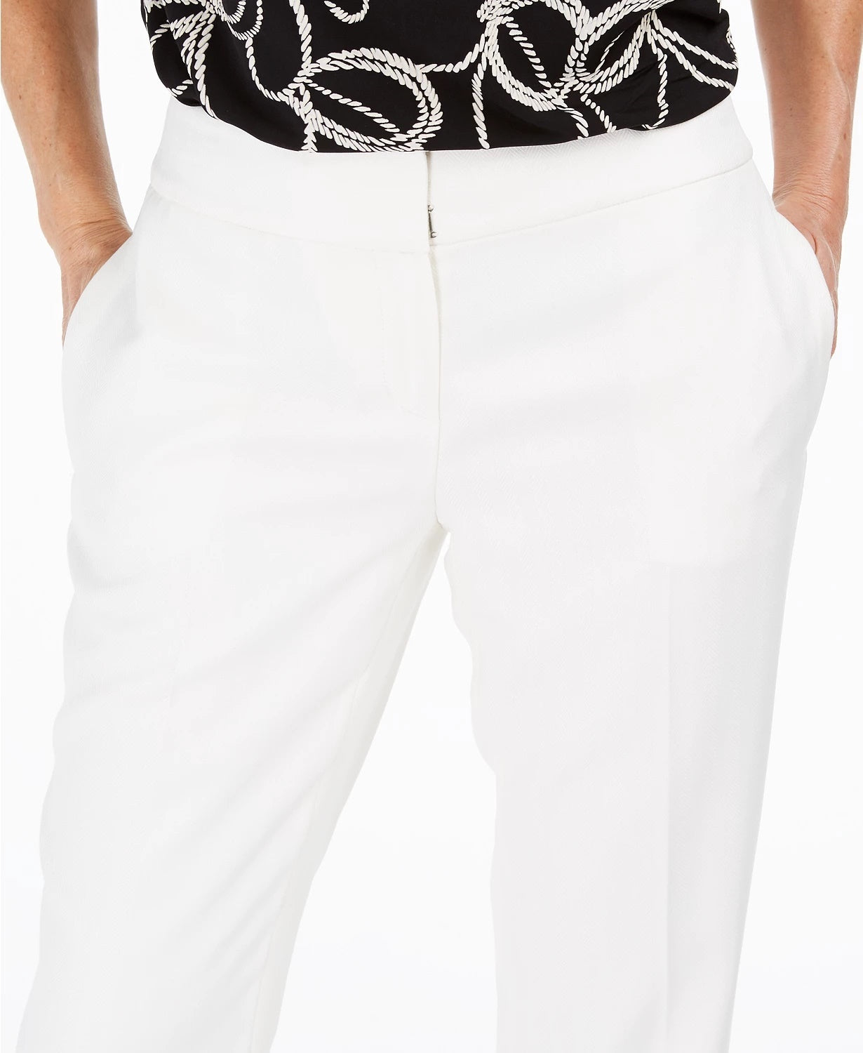 Calça social feminina Kasper com estampa espinha de peixe, branca, tamanho 4