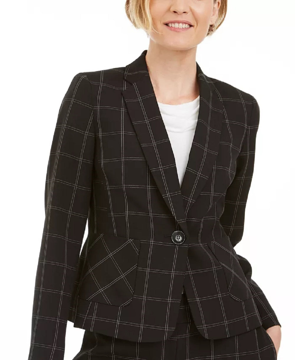 Blazer feminino Kasper Windowpane-Xadrez de um botão, cor carvão, tamanho 6