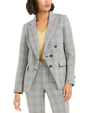 Blazer xadrez falso trespassado feminino Bar III, preto, tamanho 8