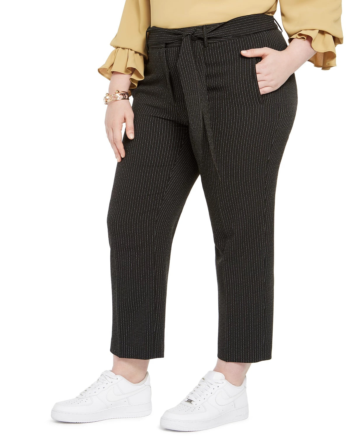 Calça feminina Bar III com cinto e listras, perna reta, cor carvão, tamanho 14W