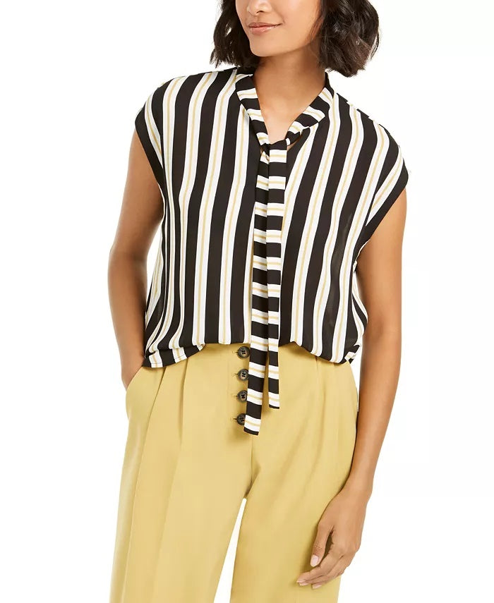 Blusa listrada feminina Bar III com decote em V e manga curta, preta, tamanho médio