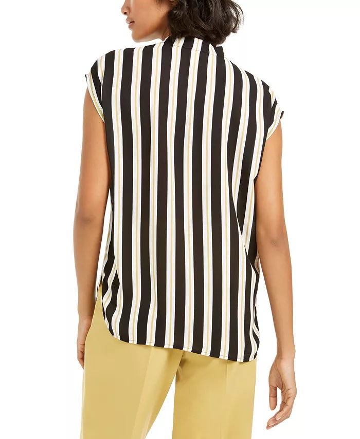 Blusa listrada feminina Bar III com decote em V e manga curta, preta, tamanho médio