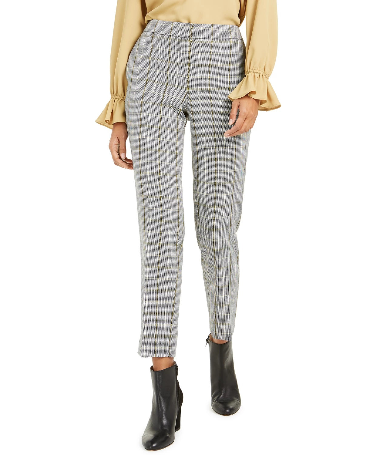 Calça feminina xadrez reta Bar III, preta, tamanho 2