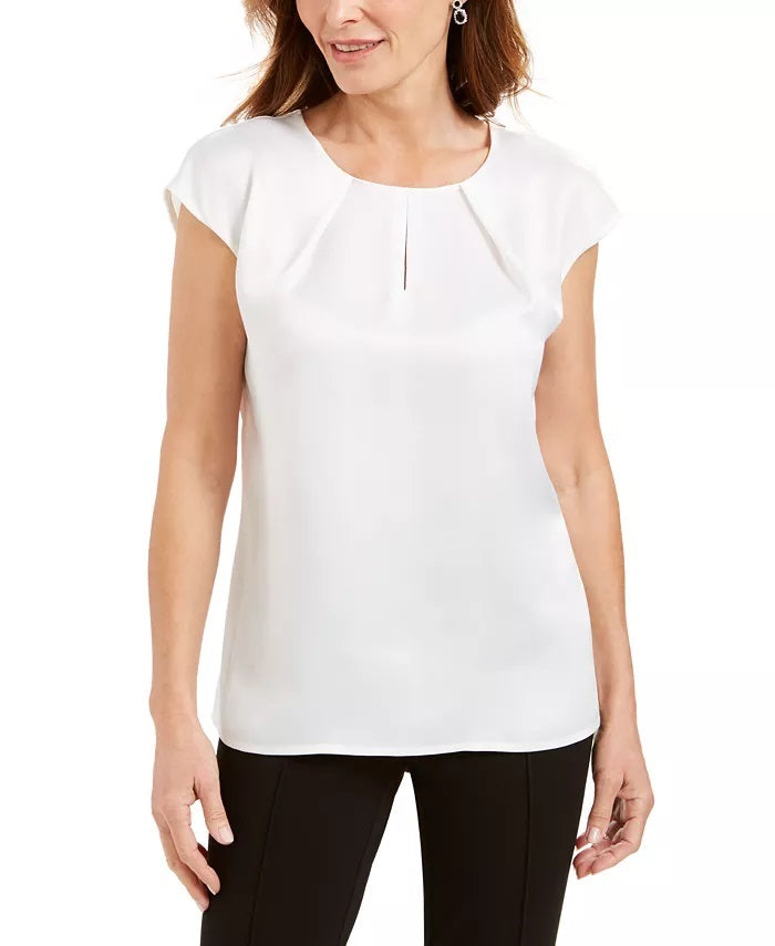 Blusa feminina Kasper com decote plissado e fenda, tamanho pequeno e grande, branca