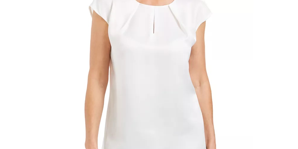 Blusa feminina Kasper com decote plissado e fenda, tamanho pequeno e grande, branca