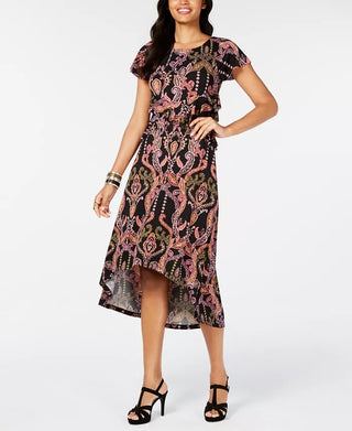 Vestido feminino Thalia Sodi com recorte estampado, cintura alta e bainha baixa, preto, tamanho extragrande