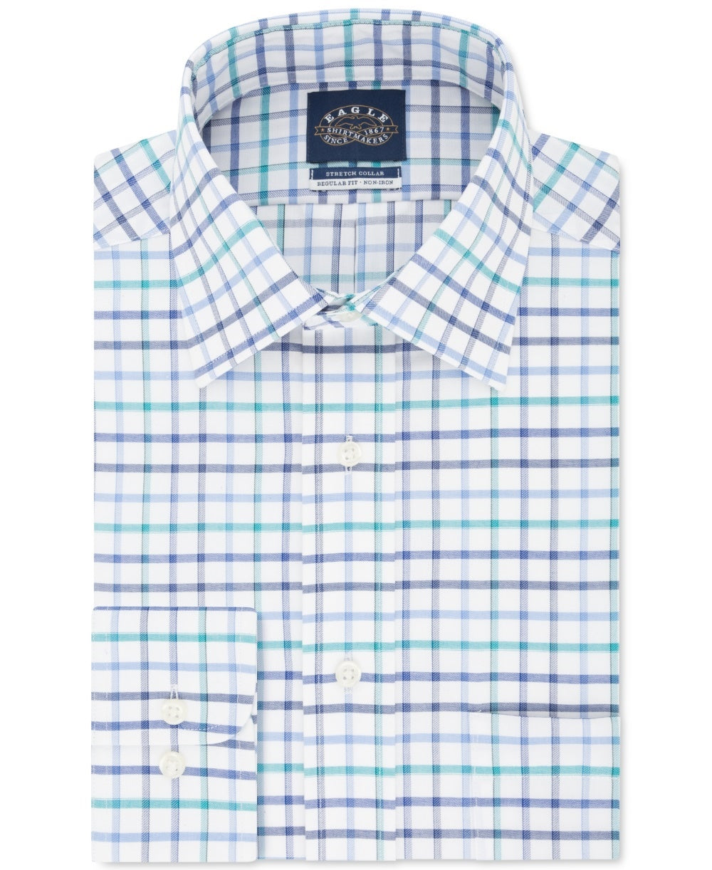Camisa social elástica Eagle masculina com estampa de janela xadrez e gola clássica, tamanho 17,1/2 x 34-35, azul
