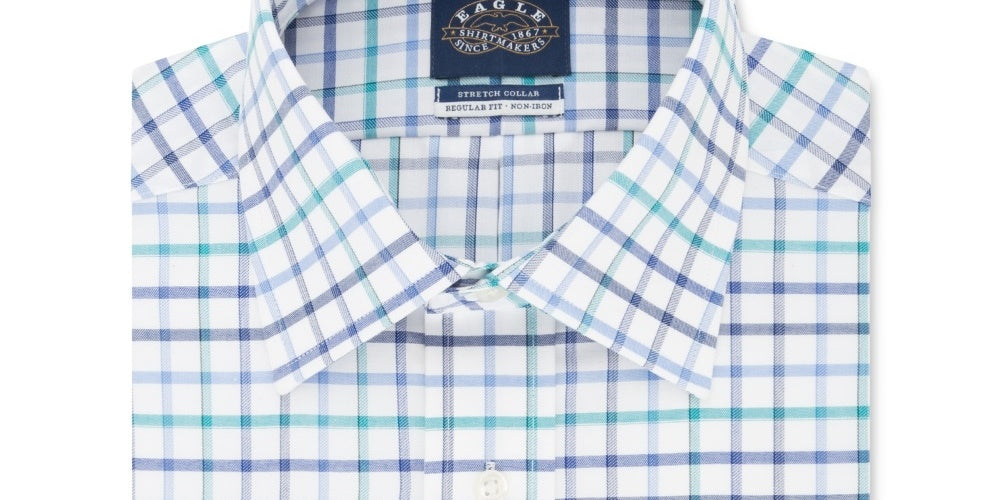 Camisa social elástica Eagle masculina com estampa de janela xadrez e gola clássica, tamanho 17,1/2 x 34-35, azul