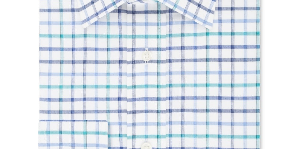 Camisa social elástica Eagle masculina com estampa de janela xadrez e gola clássica, tamanho 17,1/2 x 34-35, azul