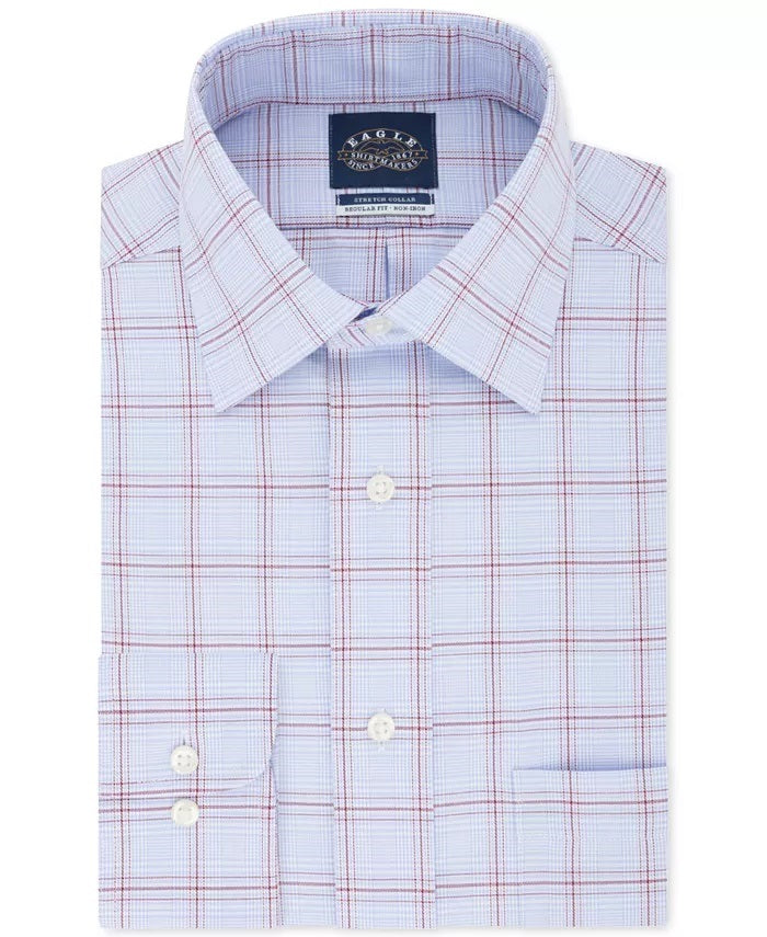 Camisa social xadrez Eagle Masculina Classic Regular Fit, sem passar a ferro, gola elástica, tamanho azul 15,5 x 34-35