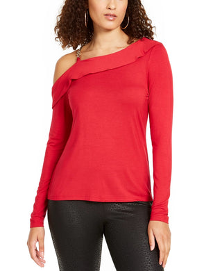 Blusa feminina Thalia Sodi com babados e um ombro só, vermelha, tamanho pequeno