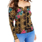 Thalia Sodi Top estampado com decote coração feminino, preto, tamanho XX-G