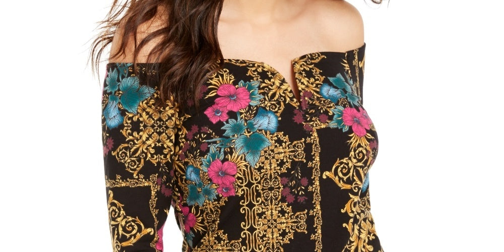 Thalia Sodi Top estampado com decote coração feminino, preto, tamanho XX-G