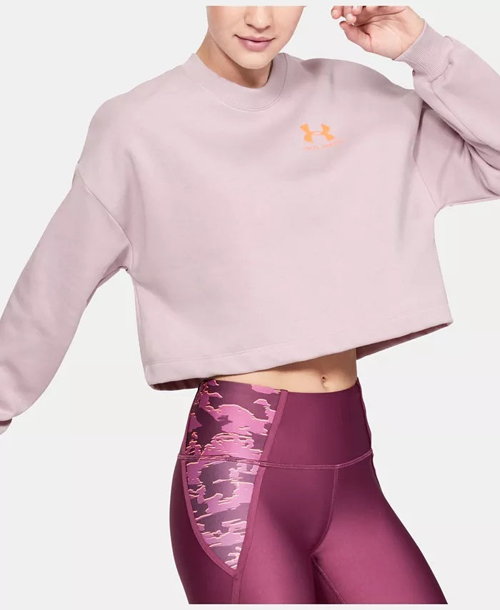 Under Armour Suéter feminino com estampa de logotipo, manga comprida, gola redonda, rosa, tamanho extragrande