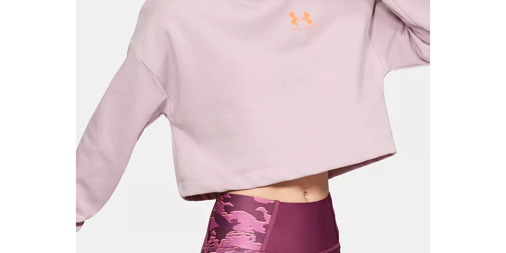 Under Armour Suéter feminino com estampa de logotipo, manga comprida, gola redonda, rosa, tamanho extragrande