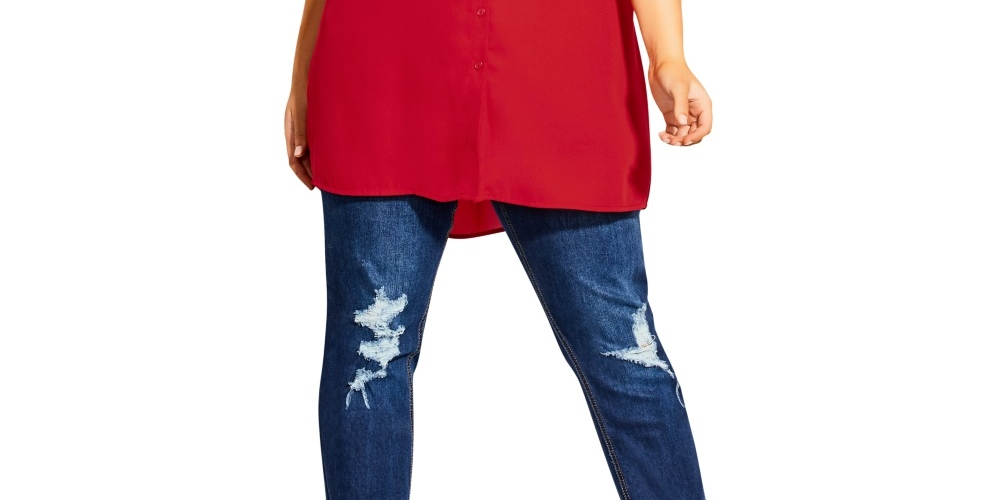 Túnica feminina City Chic com gola dinâmica e mangas enroladas, vermelha, tamanho XS