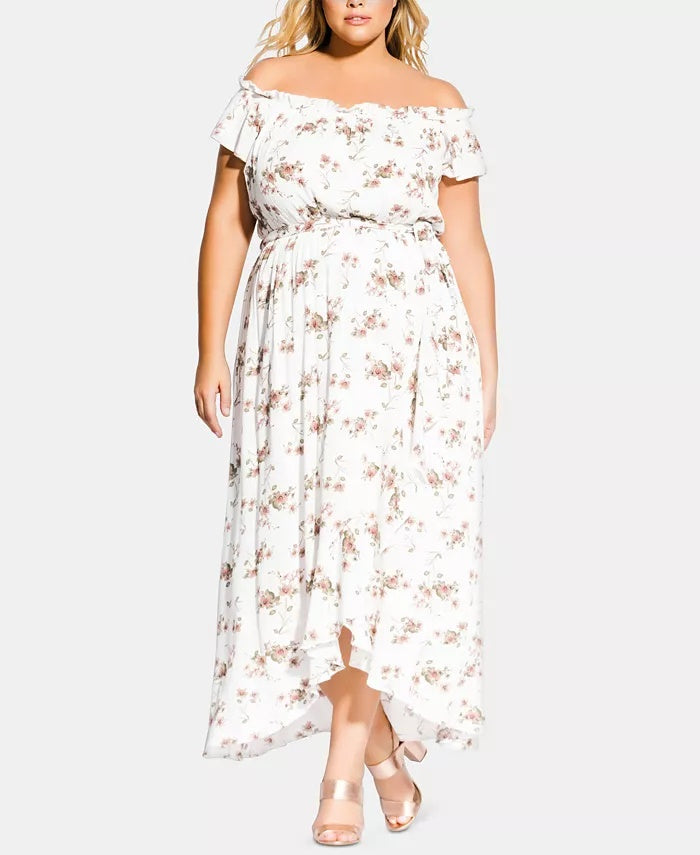 Vestido feminino City Chic Plus Size com estampa floral e ombros à mostra, tamanho 16, branco