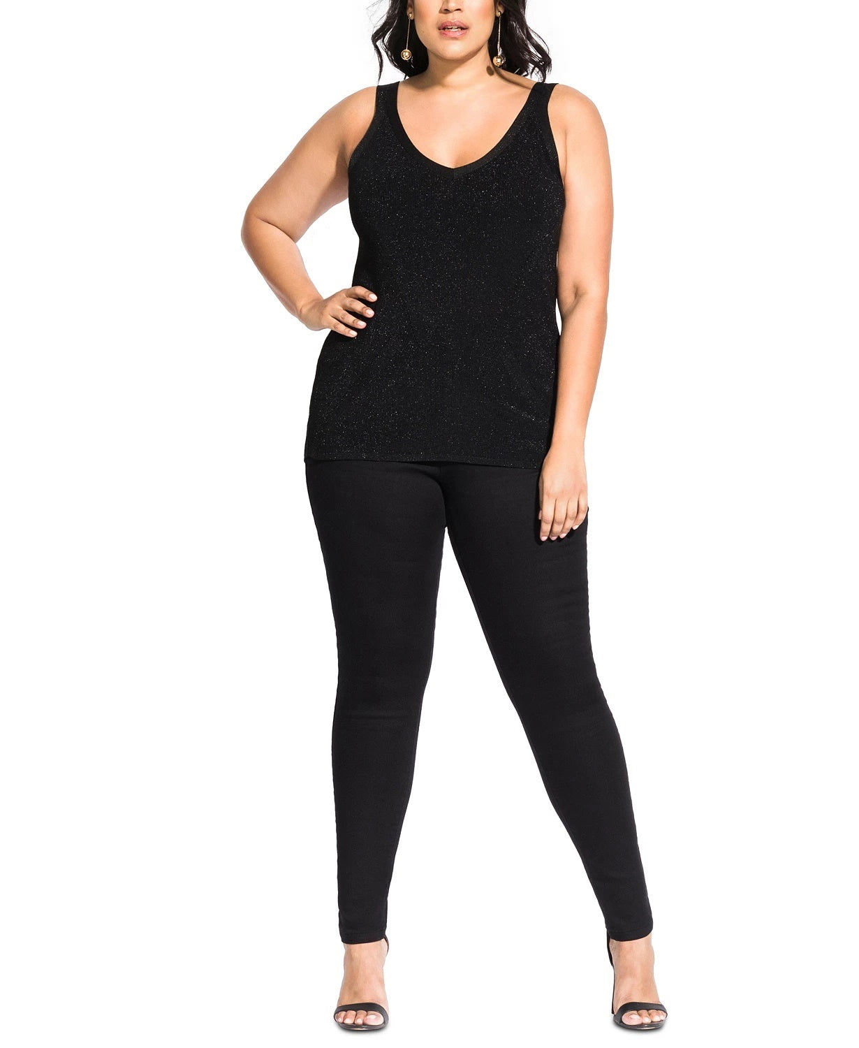 Blusa de malha com decote em V plus size da City Chic para mulheres, preta, tamanho 22W