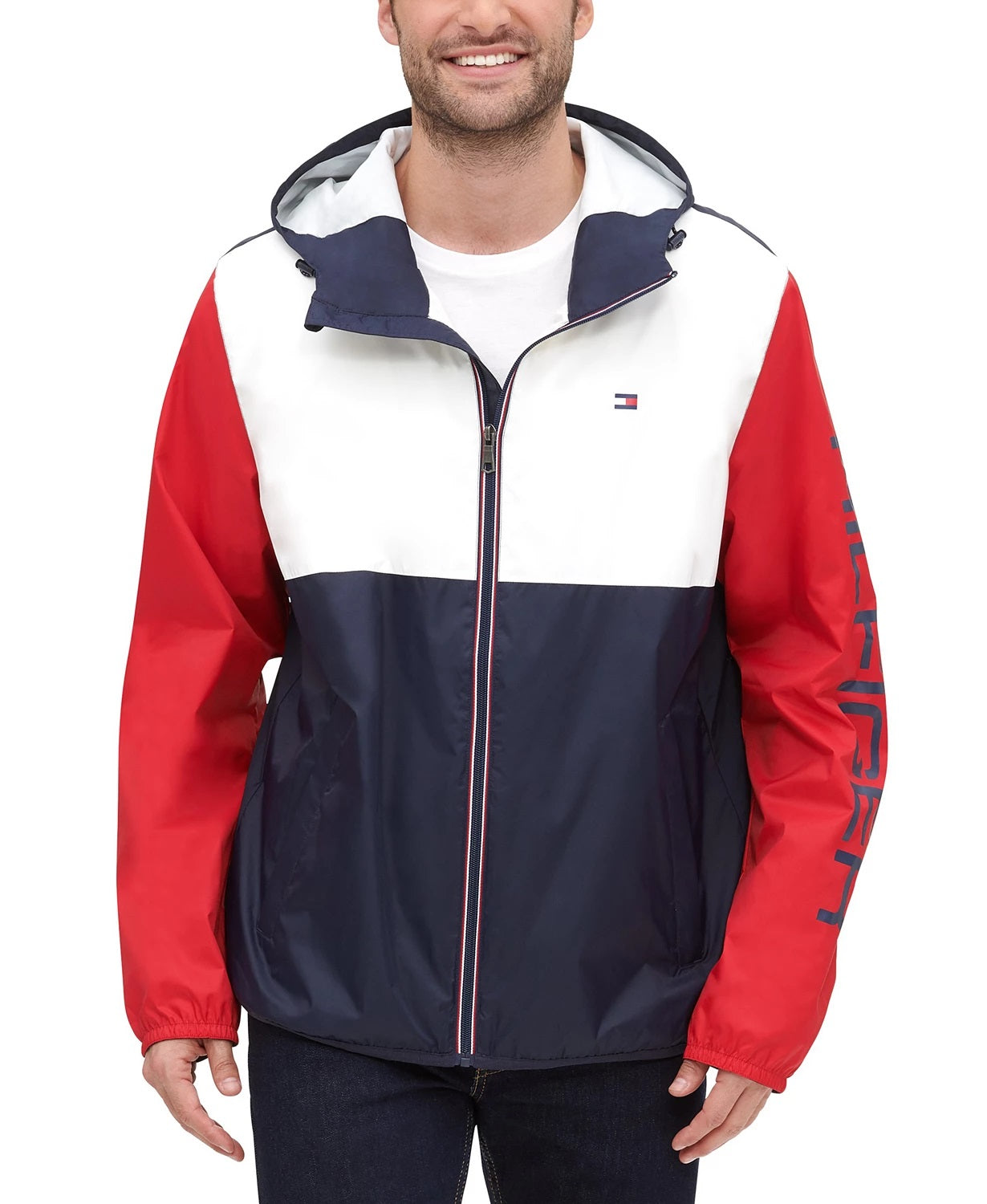 Tommy Hilfiger Masculino Colorblocked Logo Rain Slicker Azul Tamanho P