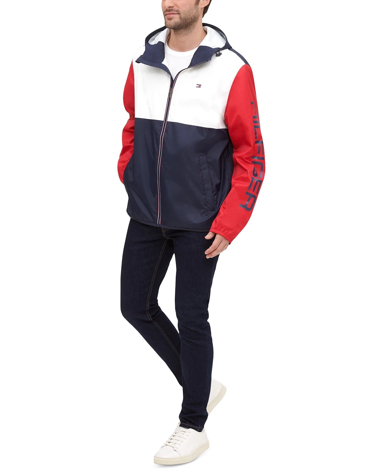 Tommy Hilfiger Masculino Colorblocked Logo Rain Slicker Azul Tamanho P