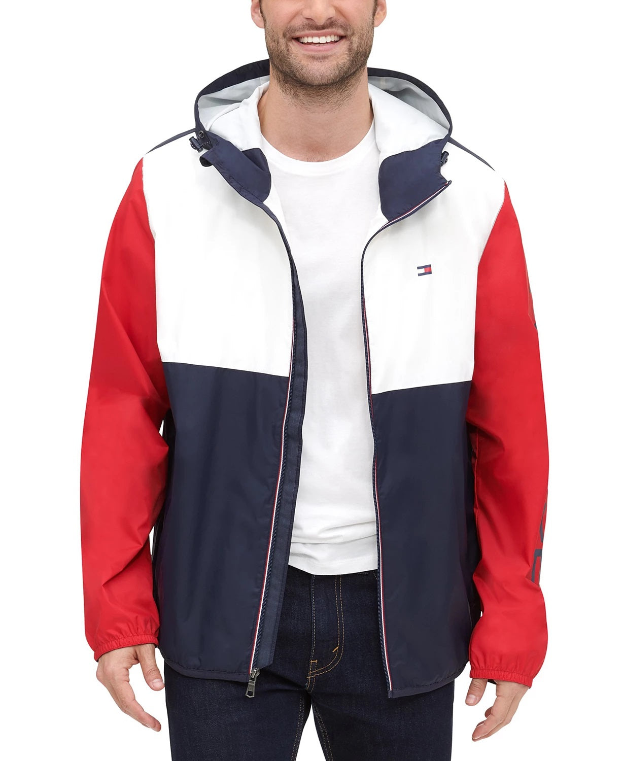 Tommy Hilfiger Masculino Colorblocked Logo Rain Slicker Azul Tamanho P