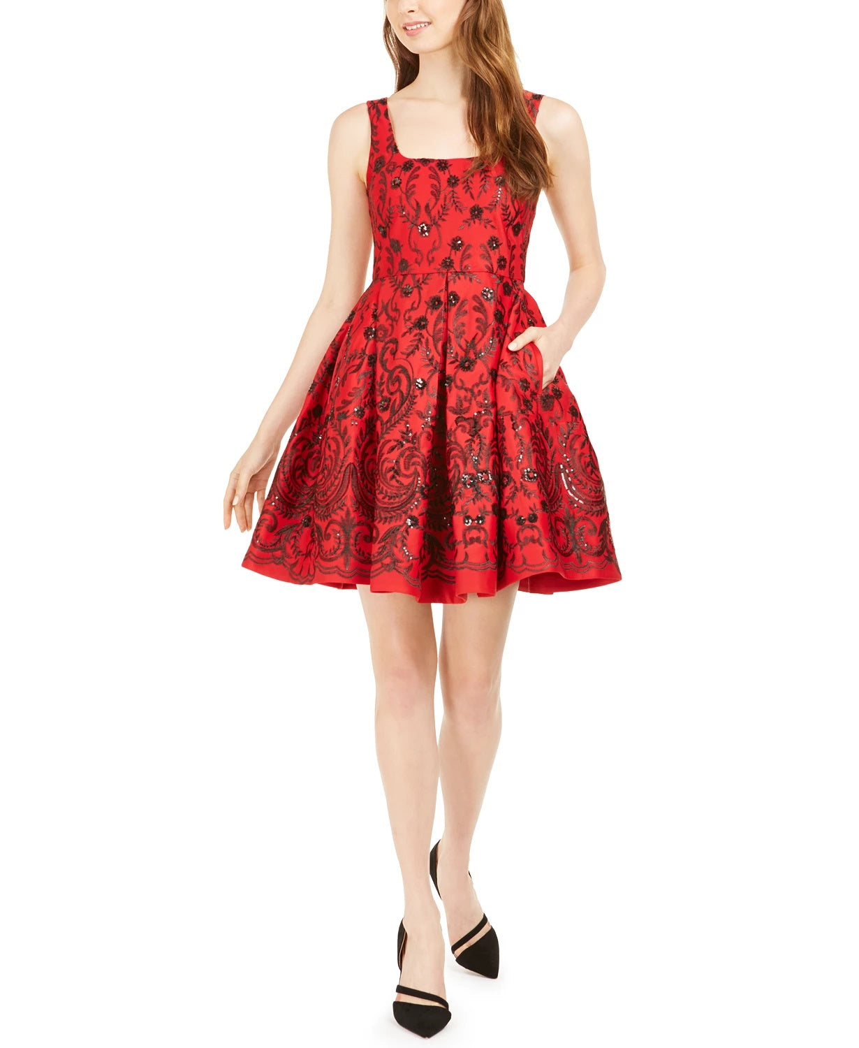 Vestido feminino Taylor com lantejoulas e ajuste evasê, vermelho, tamanho 14