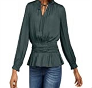 Current Air Women's Shirred Waist Split Neck Top Green Size Large