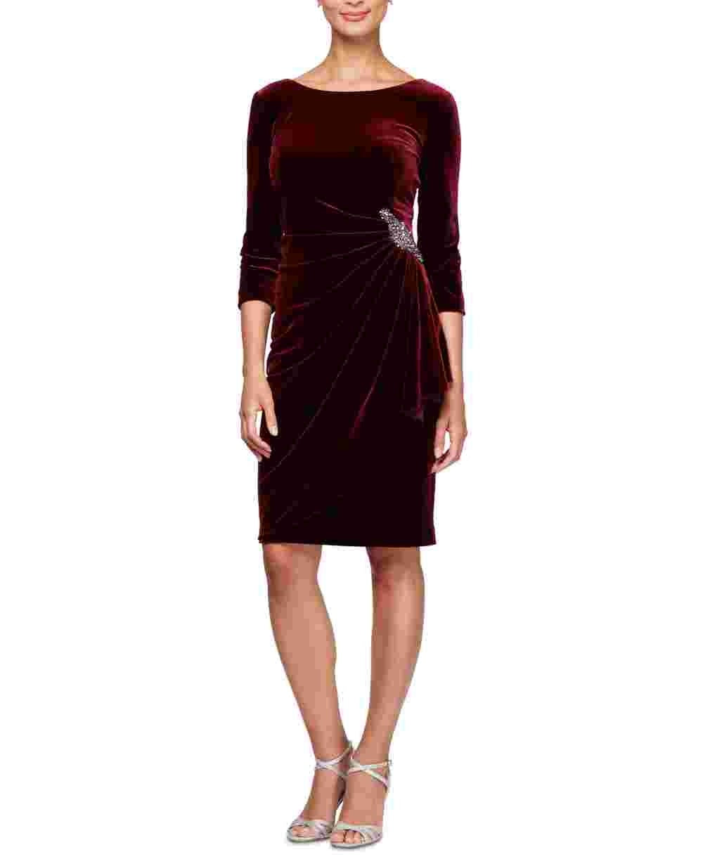 Vestido de coquetel curto com decote canoa e manga 3/4 Alex Evenings feminino, vermelho, tamanho 10