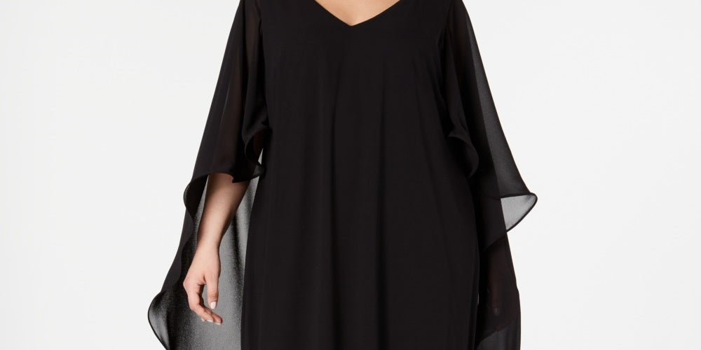 Vestido de chiffon com sobreposição de capa feminino Xscape, preto, tamanho 18W