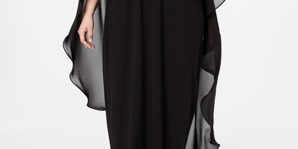 Vestido de chiffon com sobreposição de capa feminino Xscape, preto, tamanho 18W