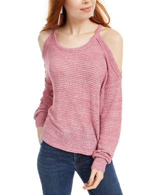 Freshman Junior's Waffle Knit Cold Shoulder Top Red Size Medium