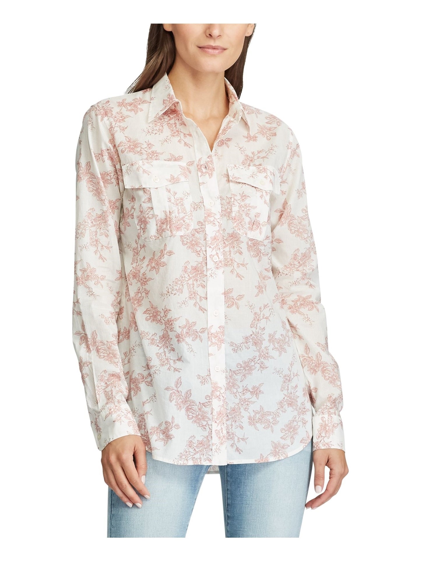 Ralph Lauren Blusa Feminina Bege Floral com Punhos e Gola Alta para Usar no Trabalho, Vermelha, Tamanho P