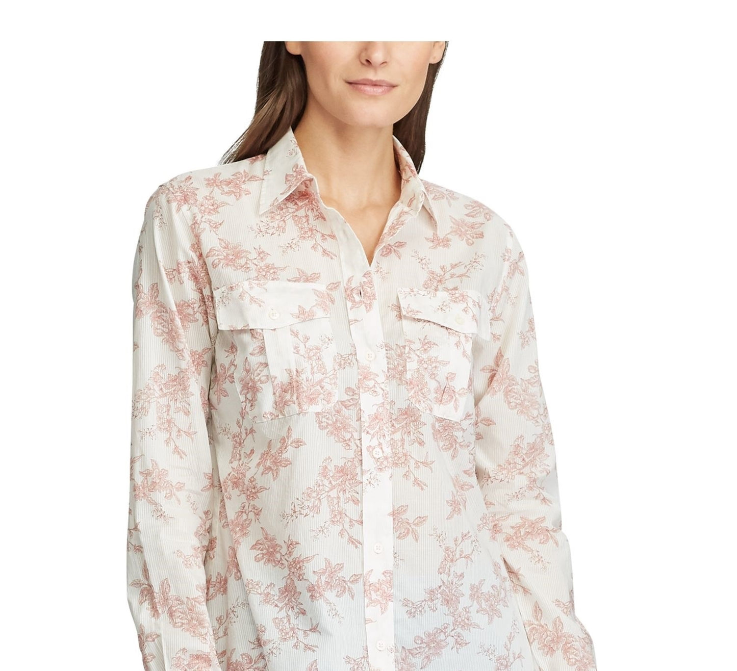 Ralph Lauren Blusa Feminina Bege Floral com Punhos e Gola Alta para Usar no Trabalho, Vermelha, Tamanho P