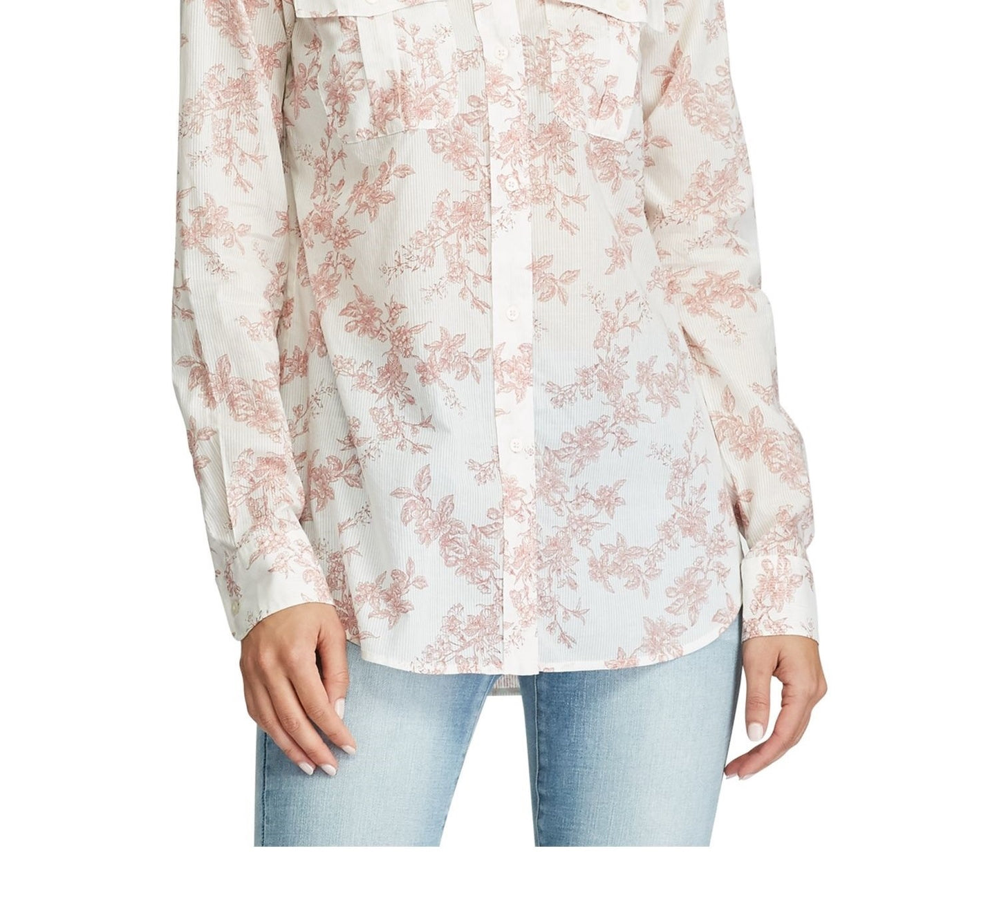 Ralph Lauren Blusa Feminina Bege Floral com Punhos e Gola Alta para Usar no Trabalho, Vermelha, Tamanho P