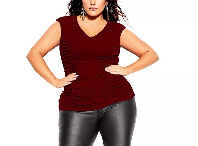Top franzido plus size da moda feminino City Chic, vermelho, tamanho pequeno e pequeno