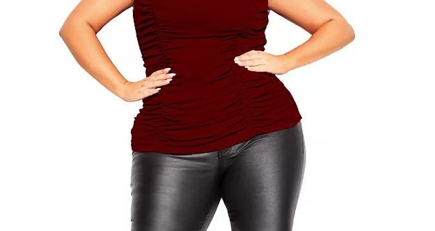 Top franzido plus size da moda feminino City Chic, vermelho, tamanho pequeno e pequeno