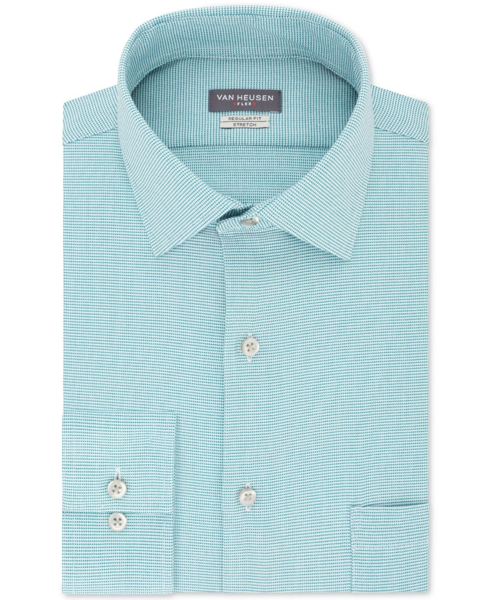 Camisa social masculina Van Heusen Regular Fit Performance Stretch, sem rugas, com gola flexível e micro pied-de-poule, azul, tamanho 17,2 x 36-37