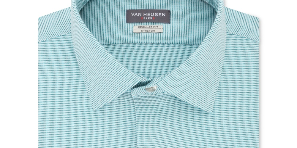 Camisa social masculina Van Heusen Regular Fit Performance Stretch, sem rugas, com gola flexível e micro pied-de-poule, azul, tamanho 17,2 x 36-37