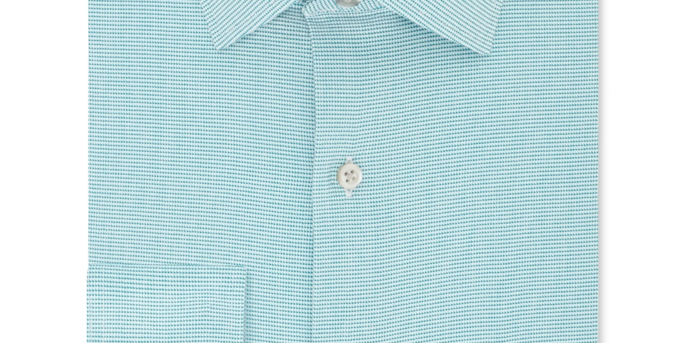 Camisa social masculina Van Heusen Regular Fit Performance Stretch, sem rugas, com gola flexível e micro pied-de-poule, azul, tamanho 17,2 x 36-37
