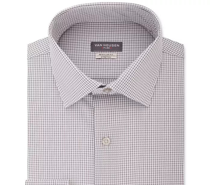 Camisa social masculina Van Heusen Classic/Regular Fit com gola flexível e xadrez elástico, cinza, tamanho 32-33