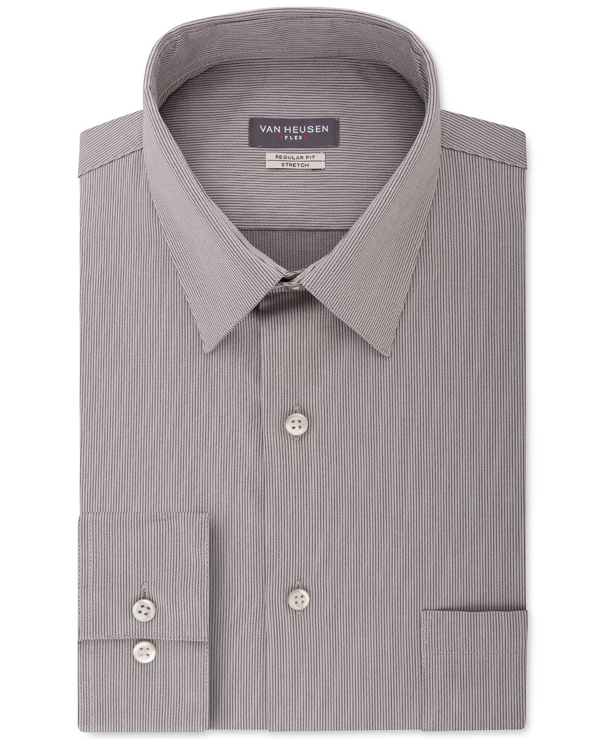 Camisa social listrada Van Heusen masculina com ajuste flexível e gola cinza, tamanho 18,5 x 34-35