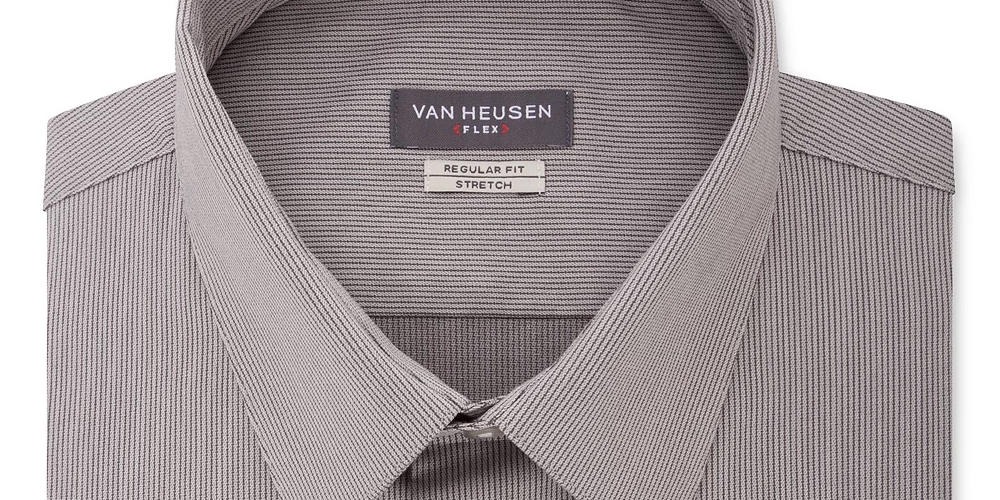 Camisa social listrada Van Heusen masculina com ajuste flexível e gola cinza, tamanho 18,5 x 34-35