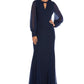 Vestido de noite feminino de manga comprida com decote em V azul-marinho, tamanho 12