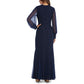 Vestido de noite feminino de manga comprida com decote em V azul-marinho, tamanho 12