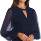 Vestido de noite feminino de manga comprida com decote em V azul-marinho, tamanho 12