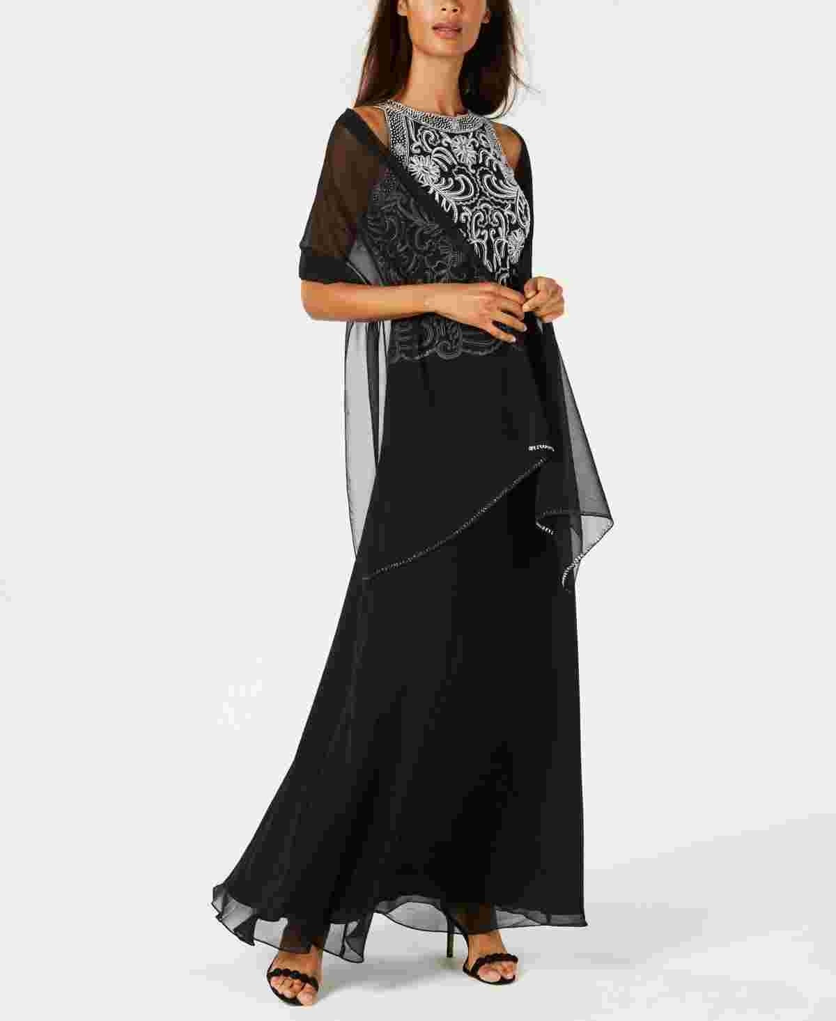 Vestido feminino com contas e cachecol de chiffon J Kara, preto, tamanho 12