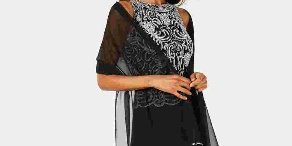 Vestido feminino com contas e cachecol de chiffon J Kara, preto, tamanho 12