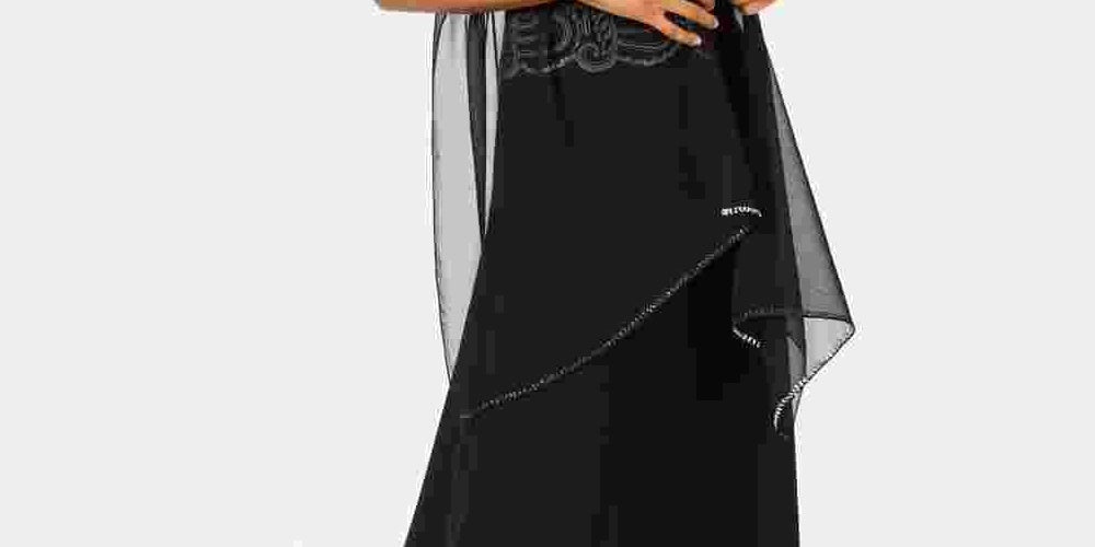 Vestido feminino com contas e cachecol de chiffon J Kara, preto, tamanho 12