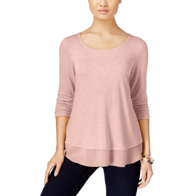 Top feminino estilo &amp; co com bainha de chiffon e mangas três quartos, rosa, tamanho médio